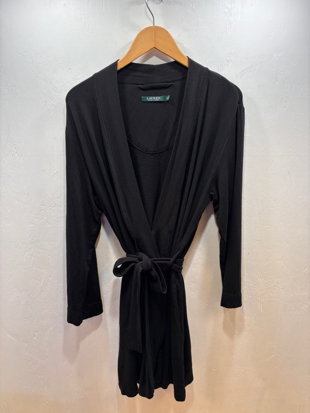 Ralph Lauren Classic Embroidered Monogram Black Long Sleeve Tie-Waist Robe SZ M